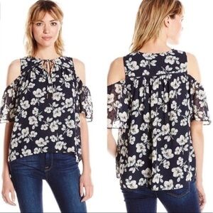 Moon River • Navy Blue Floral Blouse Cold Shoulder Swiss Dot Anthropologie